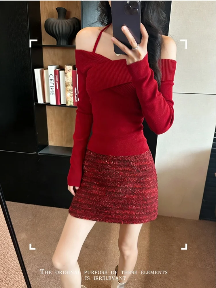 SMTHMA Gonna corta in lana di Capodanno stile piccolo profumato da donna con paillettes a trapezio sexy per ragazza piccante rossa