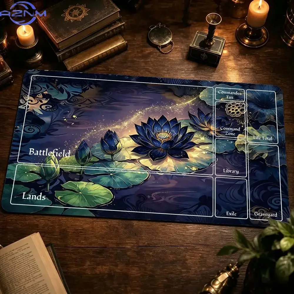 Mystic Dark Blue Lotus Card Game Large Mousepad, Non-Slip Rubber Waterproof Extended Desk Mat, Zoned Pond Floral Playmat for Tra