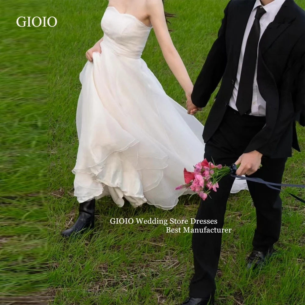 GIOIO فستان زفاف متدرج عاجي من الأورجانزا بدون حمالات بطول الأرض فستان زفاف مخصص كوري لالتقاط الصور الفاخرة