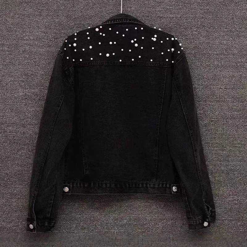 Spring Autumn Beading Denim Jacket For Women Solid Color Pearl Decal Coat American Casual Fashion With Pocket Loose Jackets