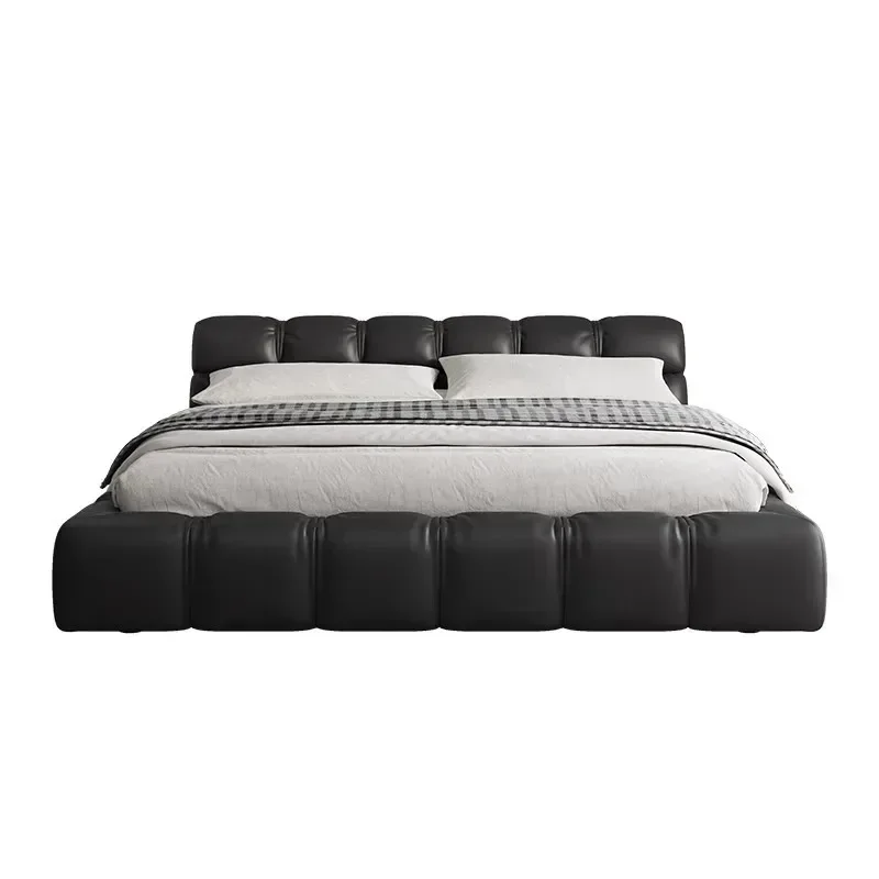 Leather bed Italian minimalist black puff bed, master bedroom storage wedding bed, double bed 2 * 2.2 meters
