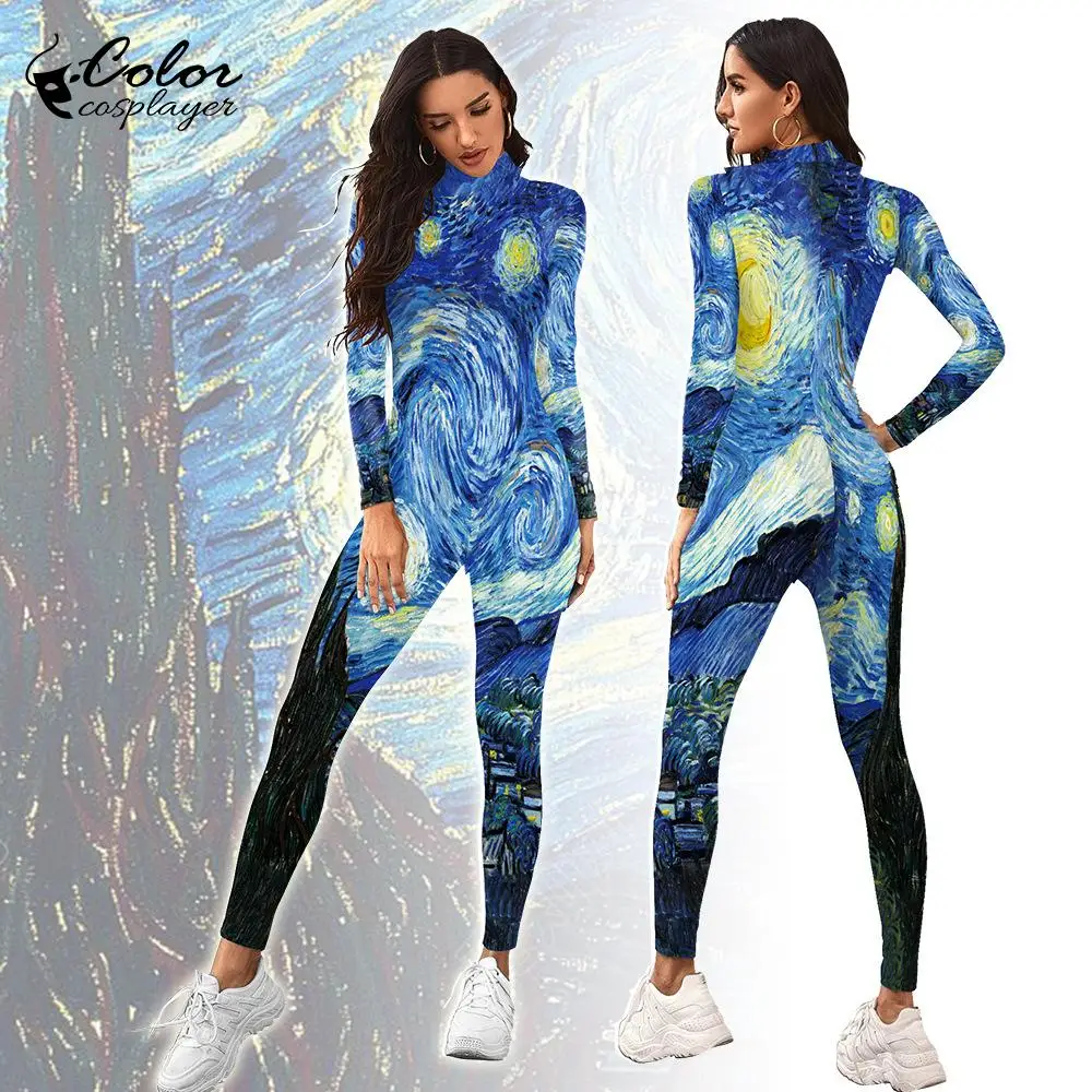 Kleur Cosplayer Vrouwen Jumpsuit Van Gogh Sterrenhemel Wereld Schilderij Bedrukt Cosplay Kostuum Catsuit Vrouwen Rits Zentai Bodysuit