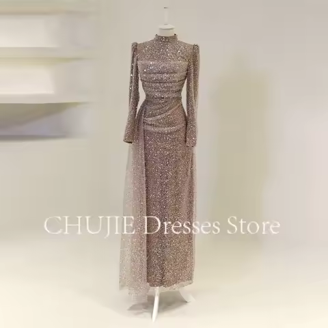 Customized Beading Evening Gown Elegant Muslim Formal Dress Gowns HIgh Neck Arabia Sequins Long Sleeves Evening Gown Party Dress