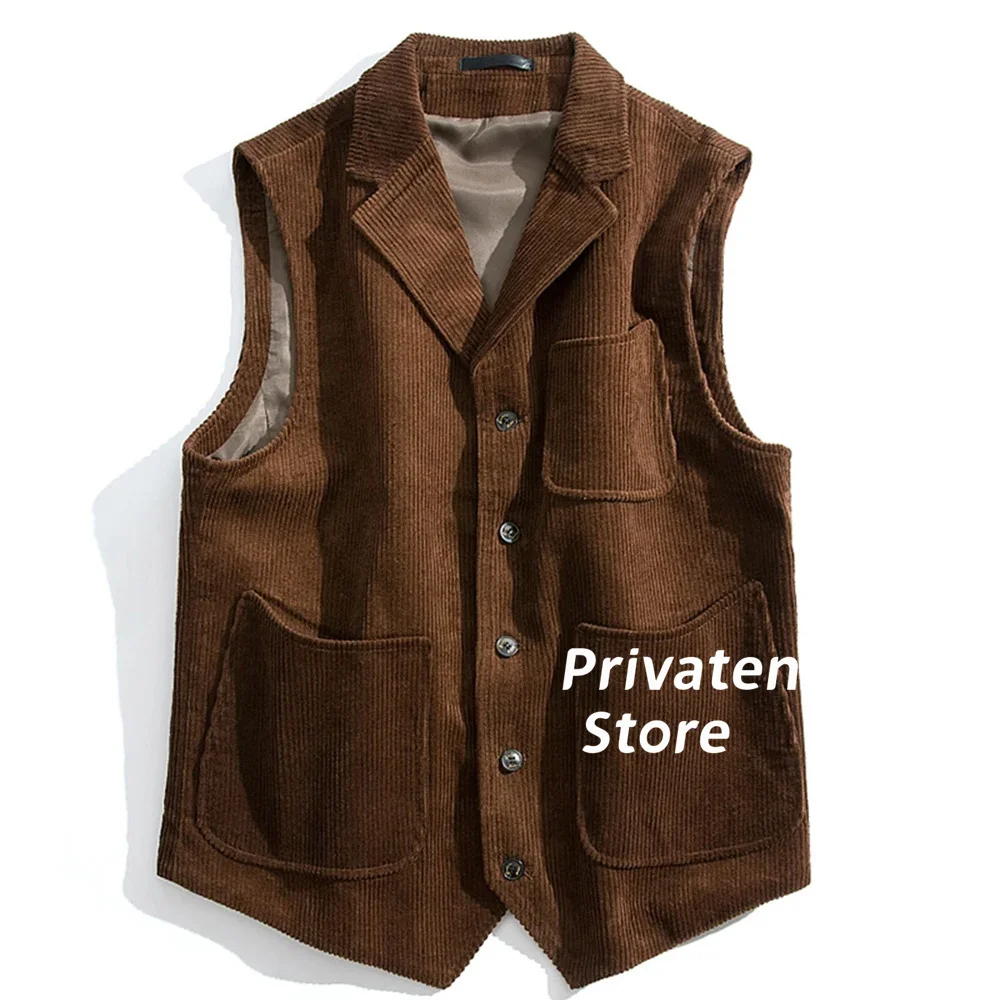 Men Vest Cotton Corduroy Light Brown Notched Lapel Solid Color With Pockets New Style Gilet For Male Clothing  жилетка