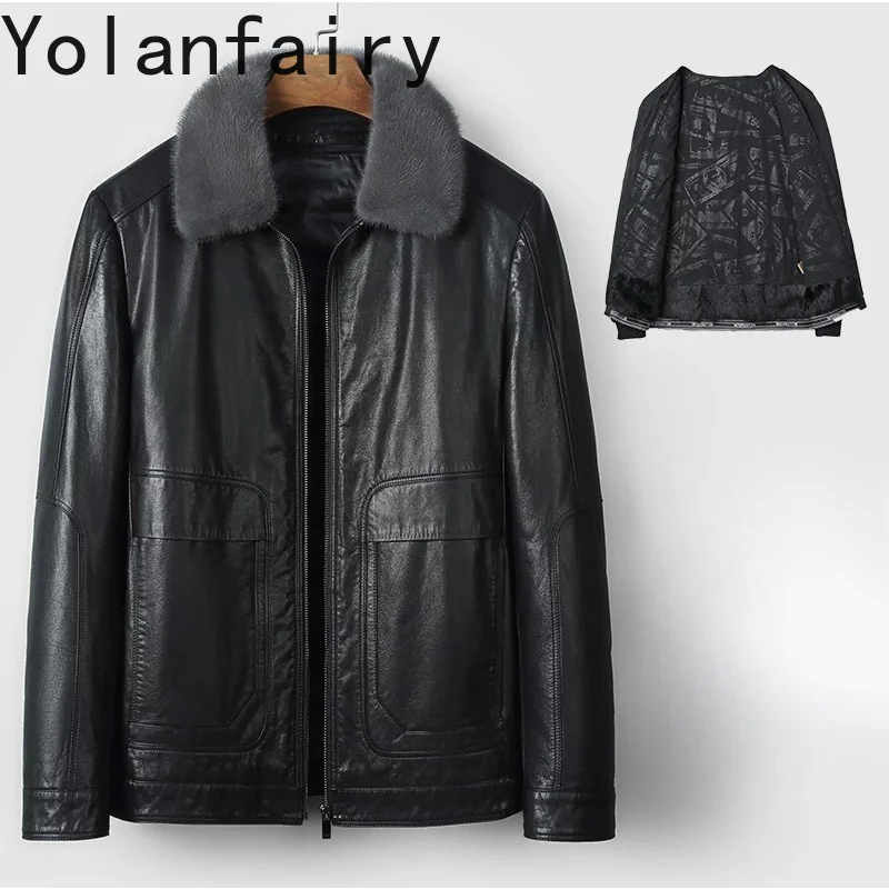 YOLANFAIRY Top Layer Cowhide Genuine Leather Jacket Men 2026 Winter 100% Real Leather Down Coat Mink Fur Collar casaco masculino