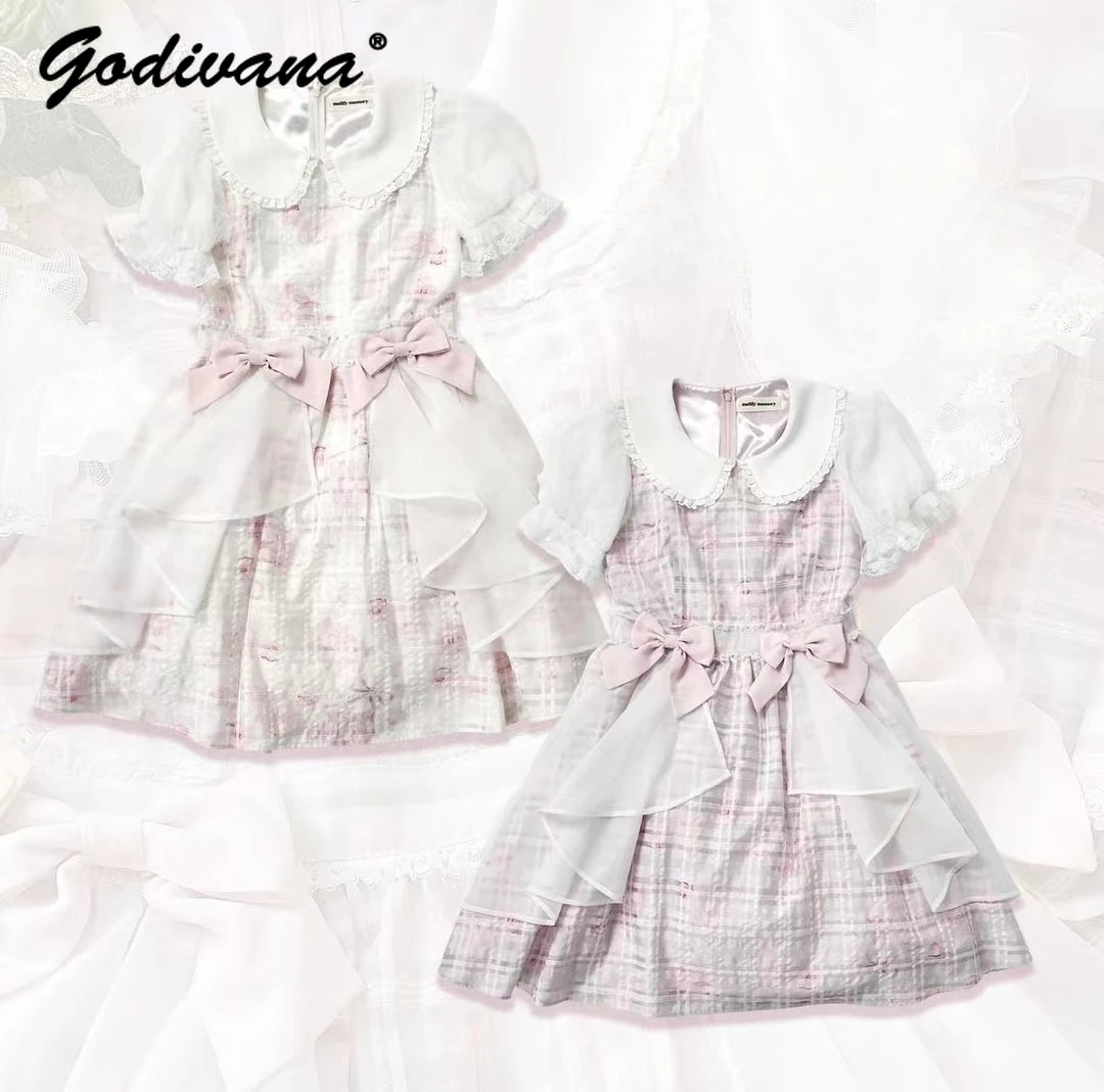 2024 New Japanese Style Doll Collar Lolita Short Sleeve Dress Girl Women's Plaid Patchwork Fairy Princess Dresses