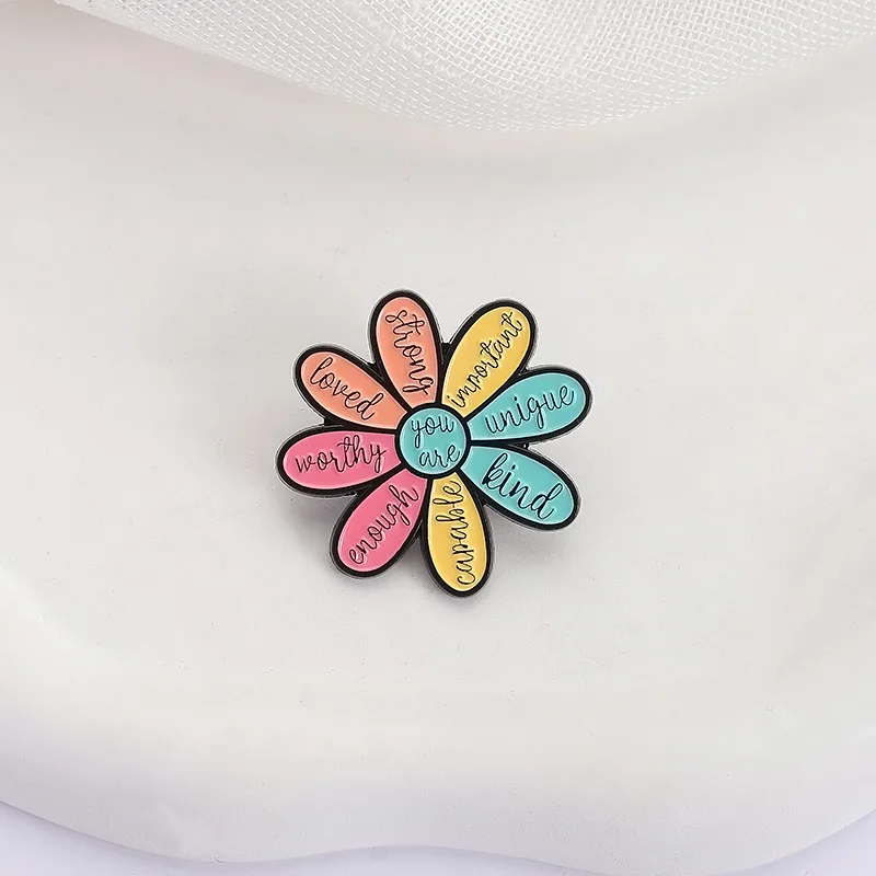 Colorful Flower Brooch Pins Creative Cartoon Text You're Kind Unique Worthy Badge Enamel Lapel Pin Jewelry Backpack Clothing Acc