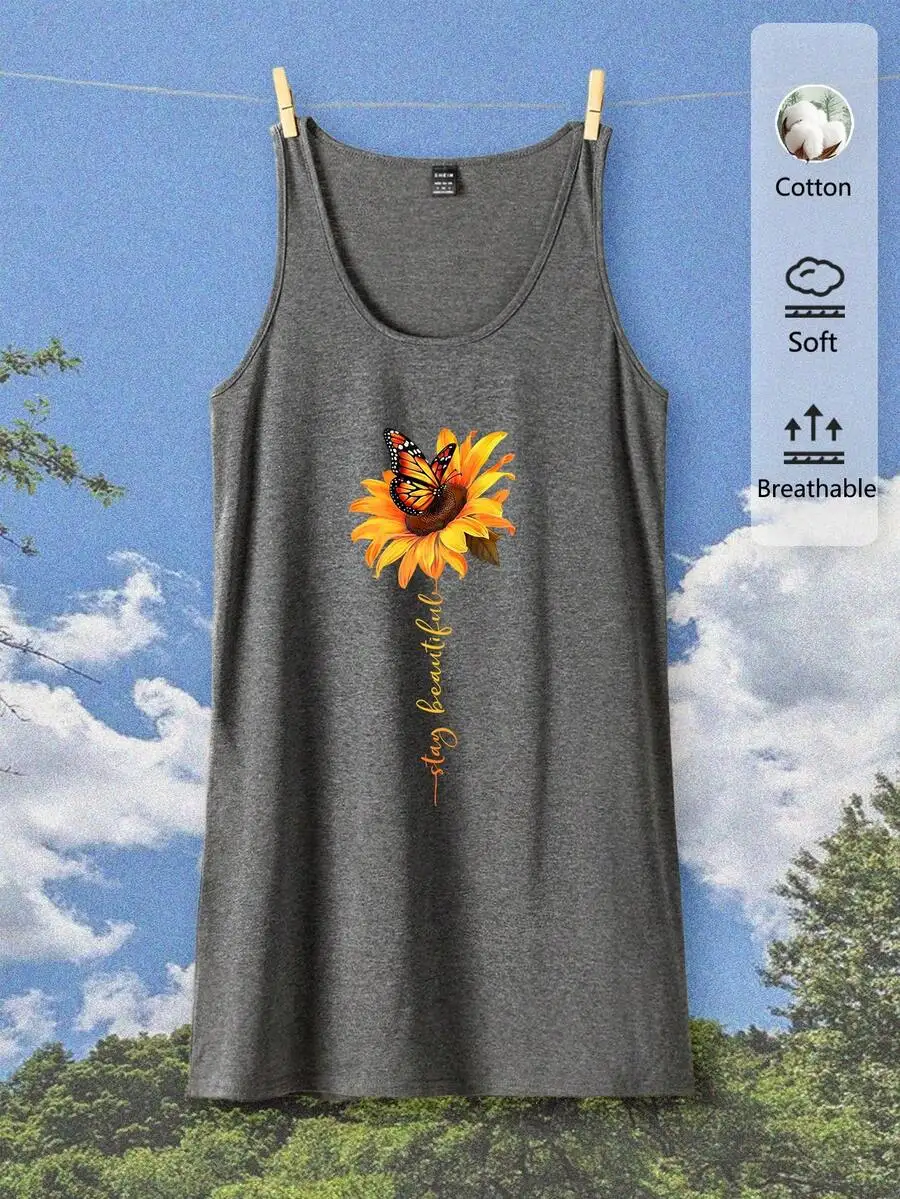 

Серая хлопковая майка с принтом подсолнухов и бабочек, надписью Stay Beautiful, дышащая, повседневная, для лета