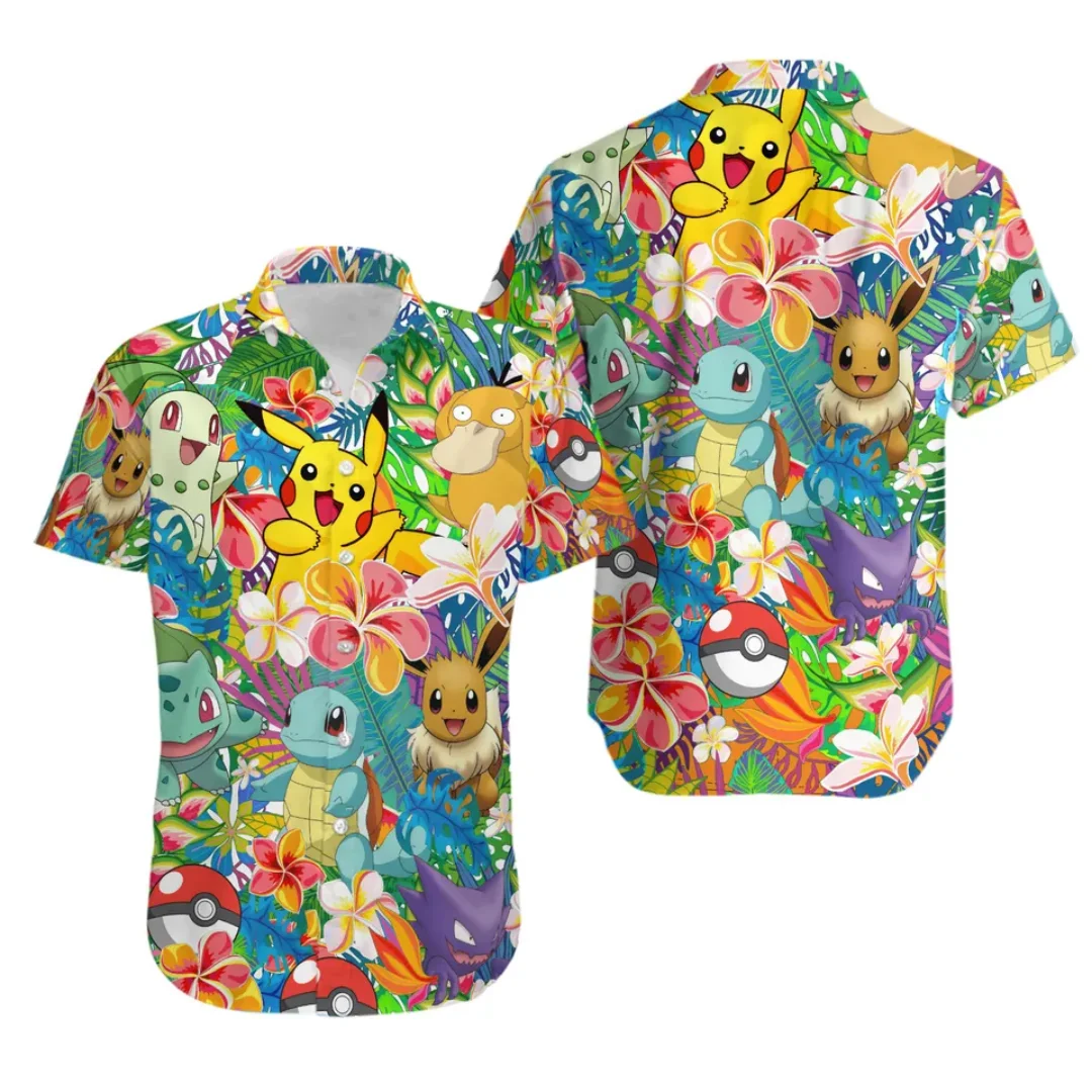 Camisa Havaiana Pokémon PKM Squirtle 2026, Camisa Casual de Praia, Camiseta Masculina para Esportes e Lazer de Verão, Roupa Infantil, Camiseta Y2K Feminina ﻿
