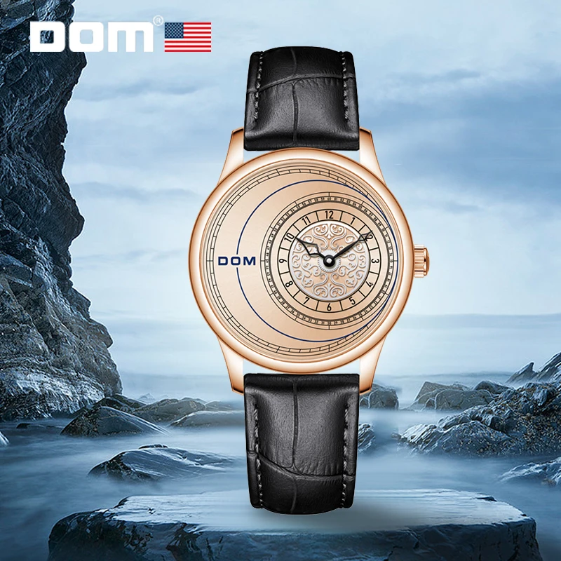 ساعة كوارتز رجالية أنيقة DOM 1582 بسيطة مقاومة للماء بحزام جلدي ساعة يد إبداعية كاجوال ساعات عمل للرجال