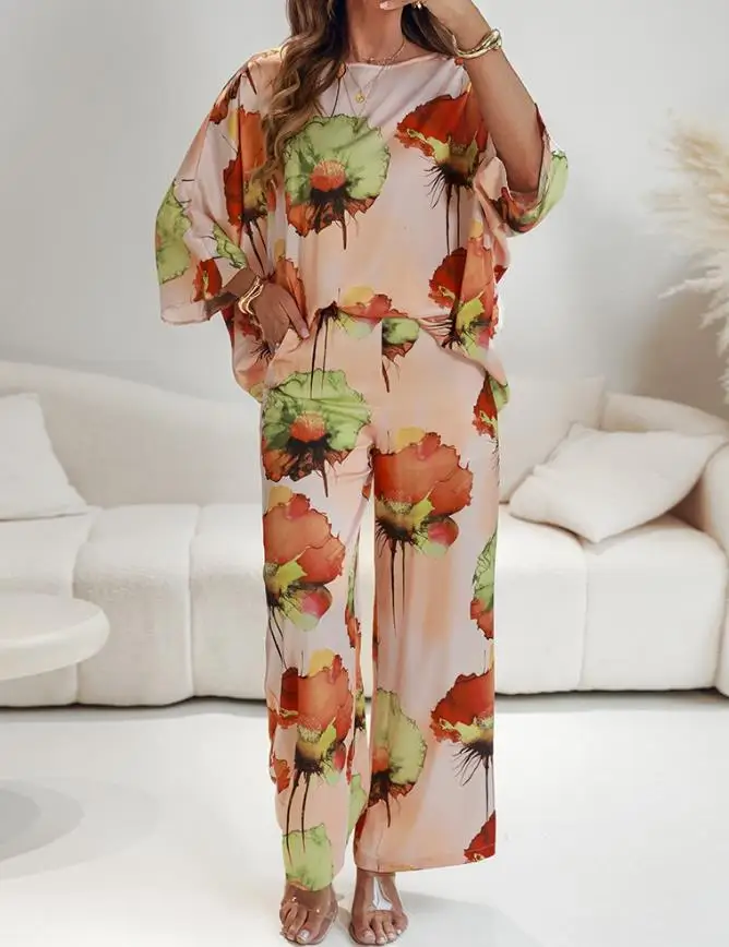 

Spring New Style 2-Piece Abstract Printed Top And Pants Set Slanted Neck Batball Sleeve Casual Loose Straight Leg