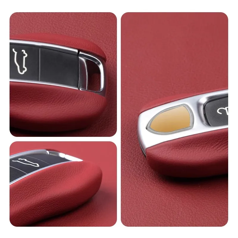 Luxury Genuine Leather Car Key Case Cover Protective Keychain For Porsche Boxster Cayman Panamera Cayenne Macan 718/911 Taycan