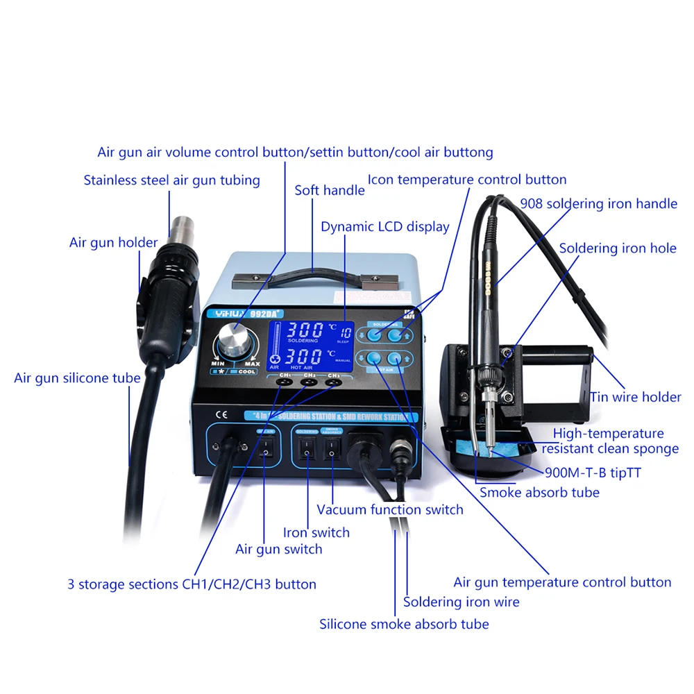 992DA+ BGA Rework Soldering Station SMD Hot Air Gun Solder Iron Pen Repair Board