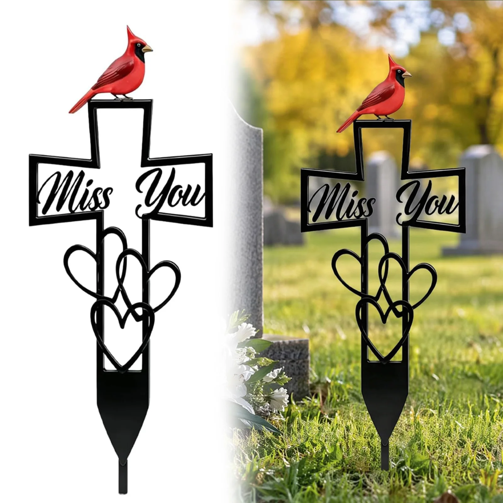 Metal Cross Cardinal Memorial Stakes Cemetery Decorations Plaque Cardinal Grave Markers Ground Plug for Outdoor Graves Decor
