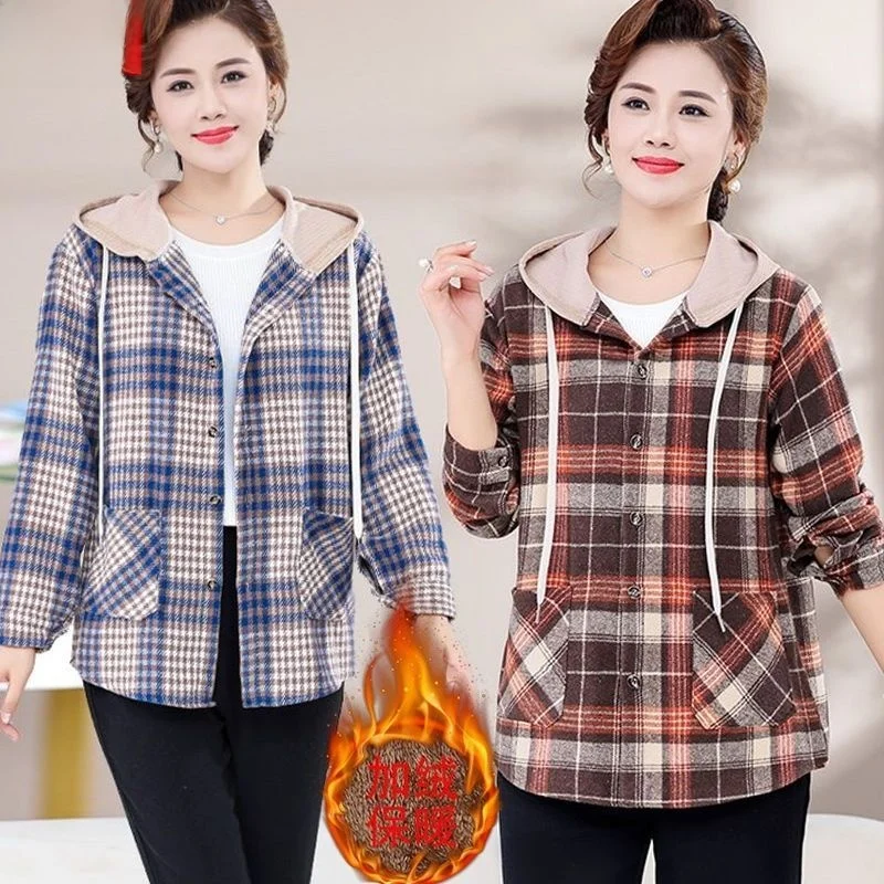 

High-End Plaid Women's Jacket Autumn New Style plus Size Mommy Casual All-Match Thickened Fleece-lined Commute Style PU Material