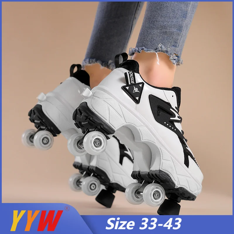 2025 New Dual-purpose Roller Skating Deformation Shoes Double Row Roller Skating Shoes Modified Version Four-wheel Running Shoes