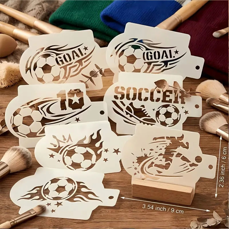 Lot de 6 pochoirs de football lavables en PET pour peinture, graffiti, spray, DIY, artisanat sportif, maquillage facial et dessin