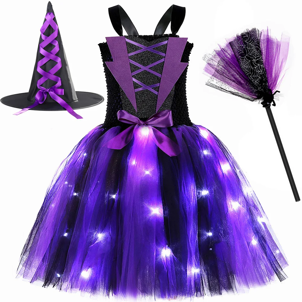 Halloween Wicked Witch Costume for Girls Purple Black LED Light Up Tulle Tutu Dress Kids Carnival Party Witches Dress Up Clothes