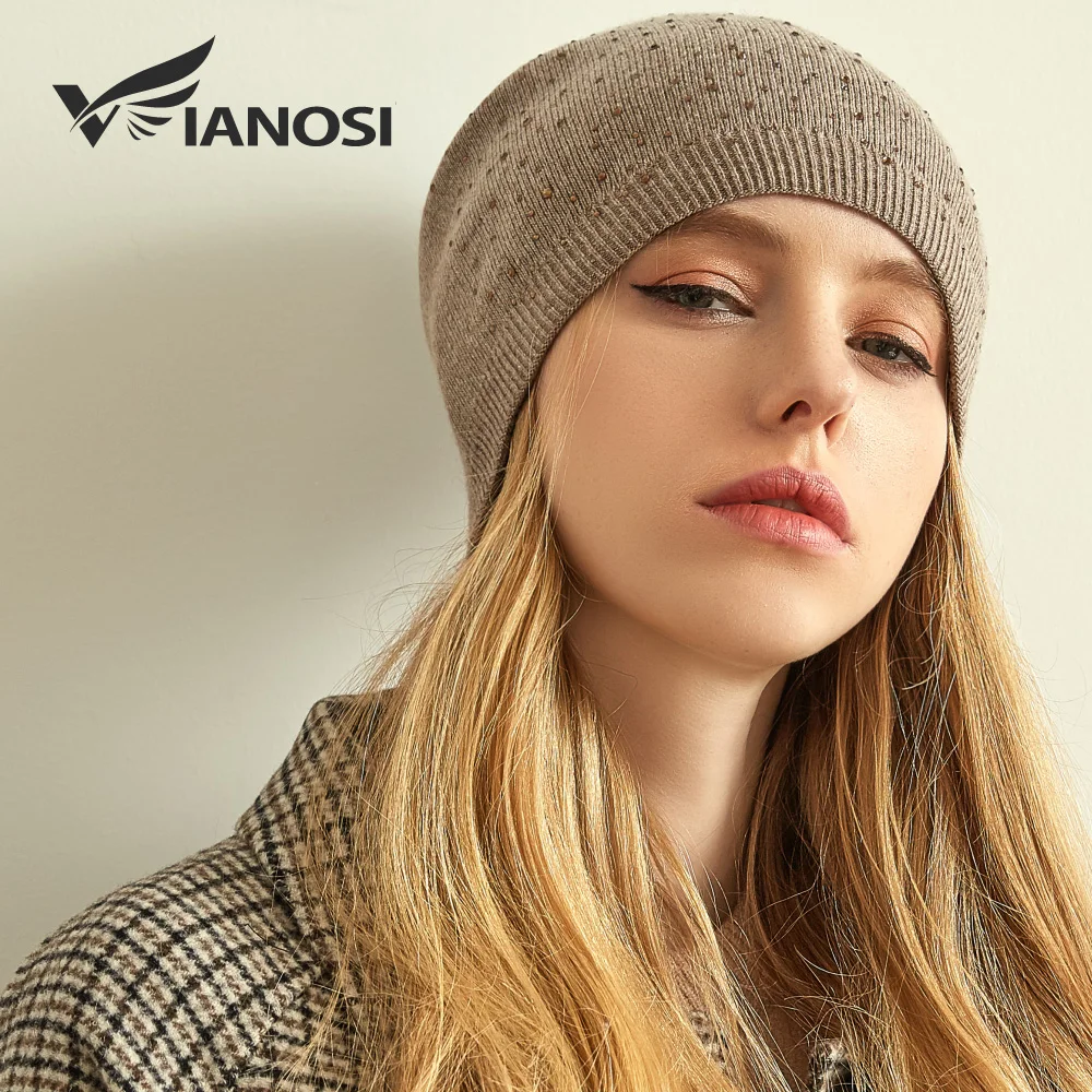 Fashion Solid Color Women\'s Knitted Hats Brand Designer Soft Warm Wool Bonnet Caps Lady Casual Diamonds Skullies Beanies