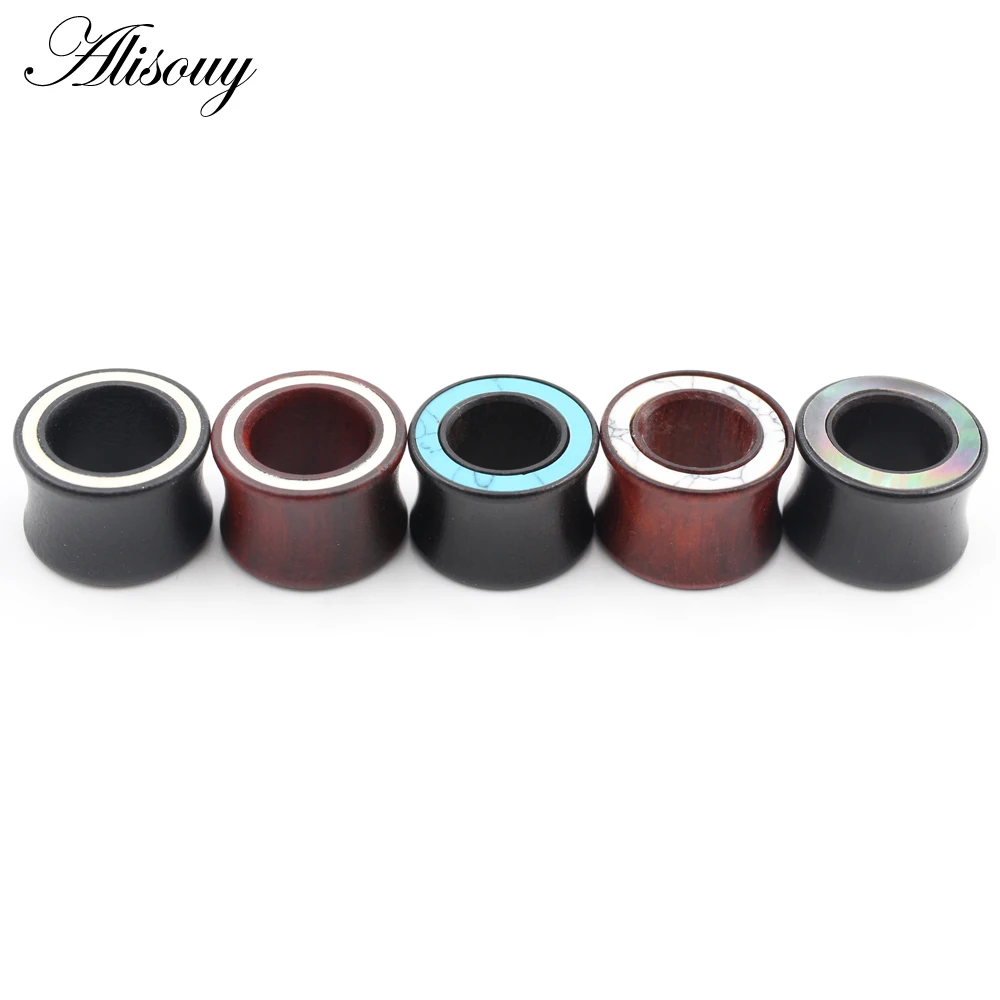 Alisouy 2pcs Wood Inlay White Line Blue Stone Ear Plug Tunnel Earring Guages Stretcher Expander Extender Piercing Body Jewelry