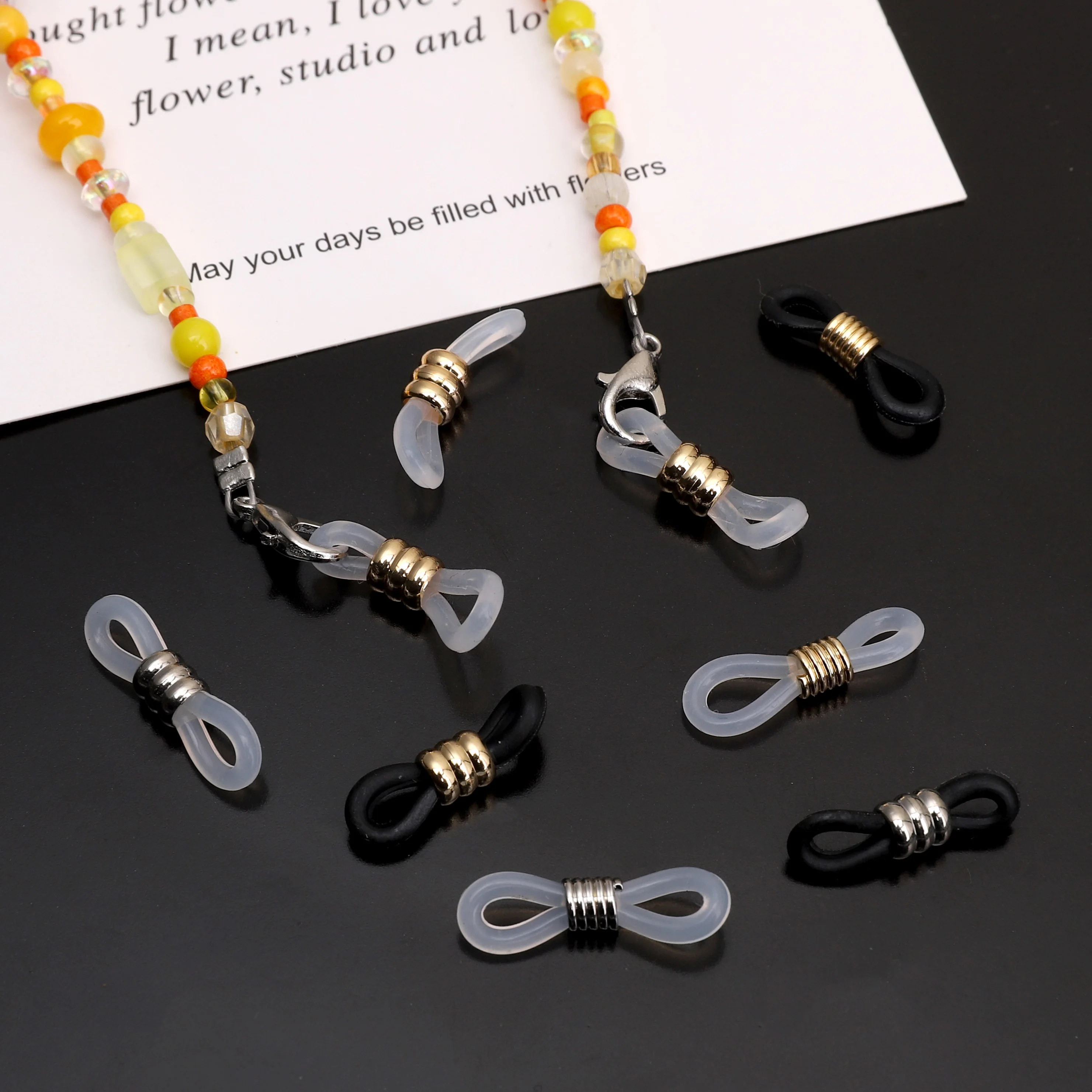 2 peças 20x6mm 18k banhado a ouro/platina ajustável antiderrapante extremidades de corrente de óculos retentor de silicone conectores de anel de óculos