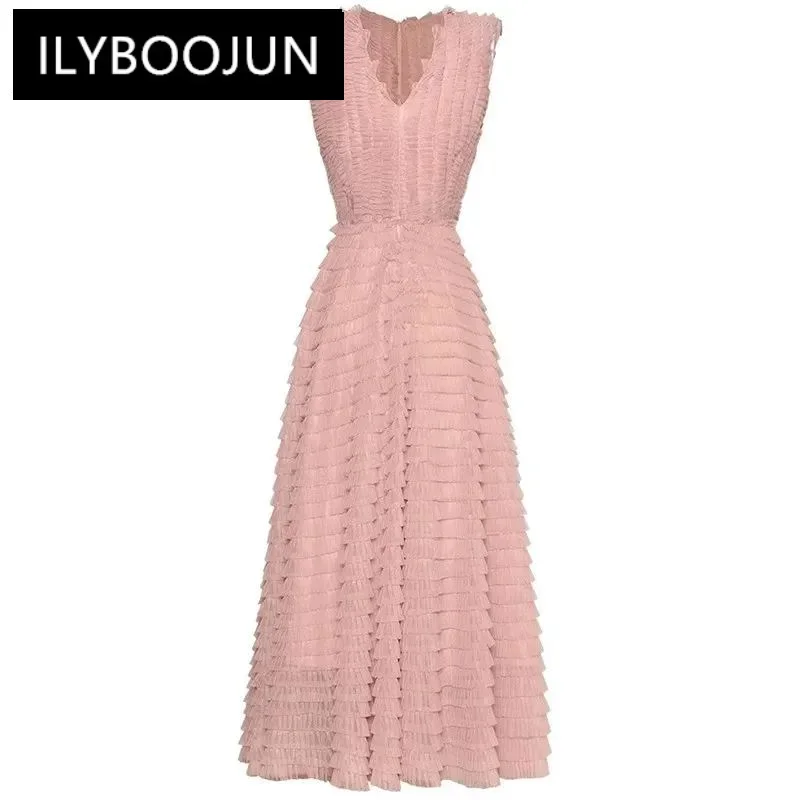 

ILYBOOJUN New Fashion Women's 2024 Spring/Summer New V-Neck Sleeveless Pleated Mesh Ball Gown Dress High-Waisted Long Dress