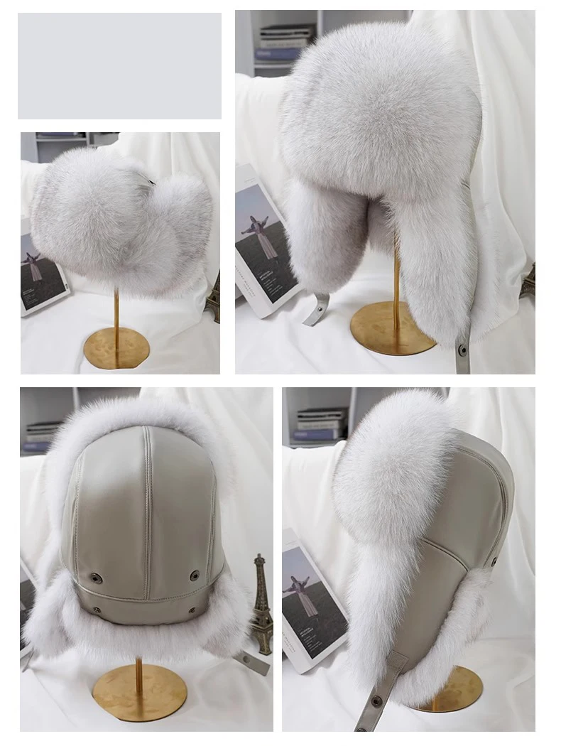 Winter 100% Echtes Silberfuchsfell Bombermütze Waschbärpelz Mütze Neue Herren-Ushanka Trapper Russische Herren-Skimütze Echte Lederkappen – Detail 2