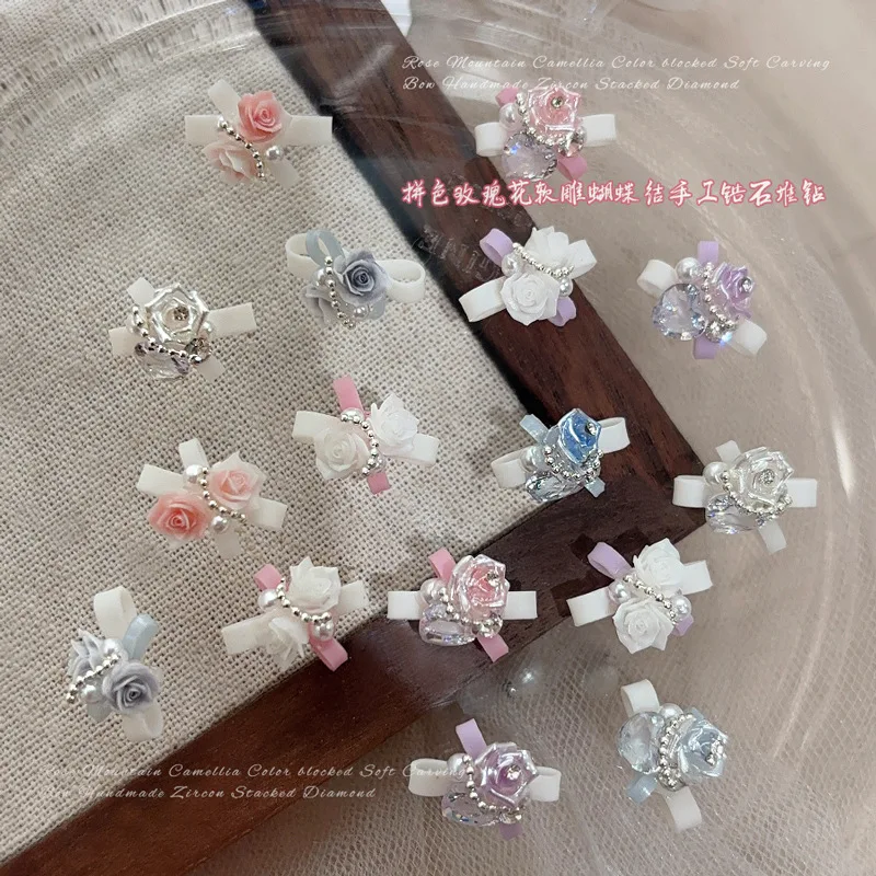 5PCS Soft 3D Acrylic Flower Bow Nail Art Charms Supplies Hand Stacked Pearl Crystal Diamond Pile Nails Decoration Accessories - Image 3