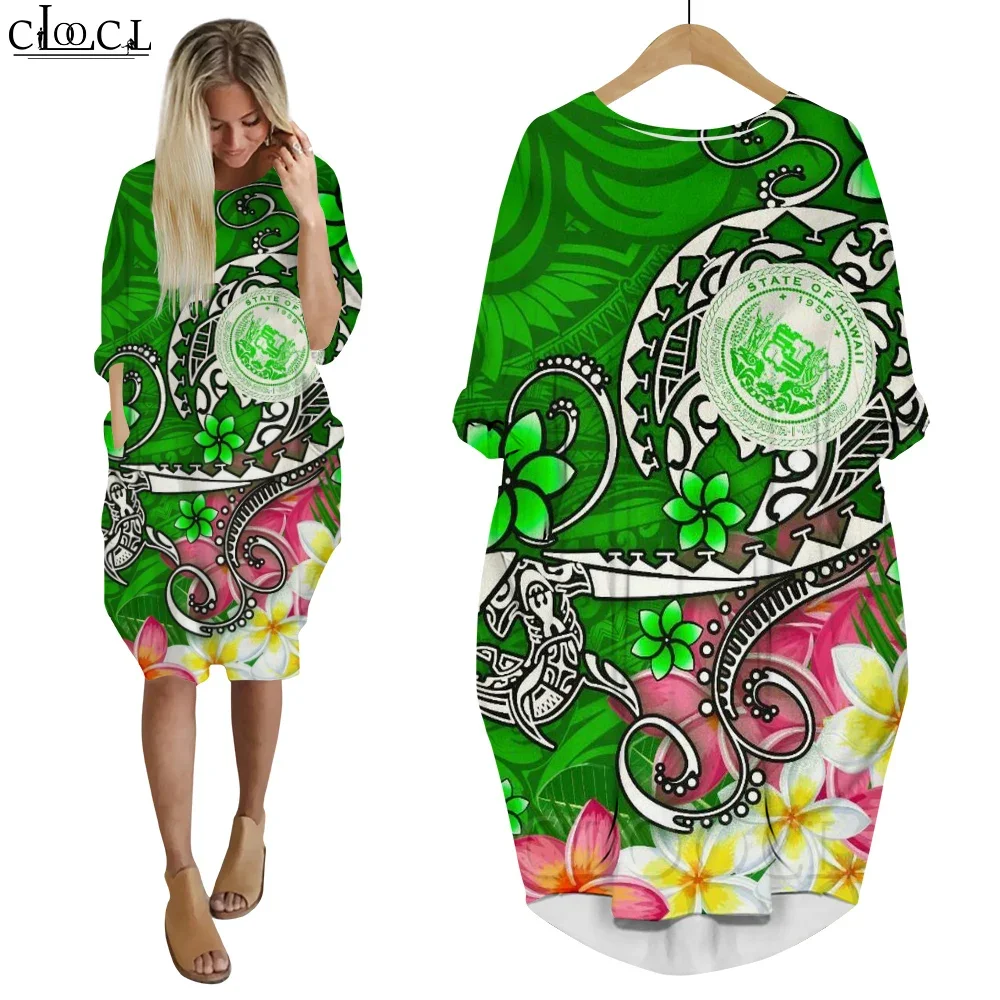 

CLOOCL Women Dress Hawaii Polynesian Hibiscus 3D Print Loose Daughter Skirt Streetwear Fashion Long Sleeve Pocket Female Dresses