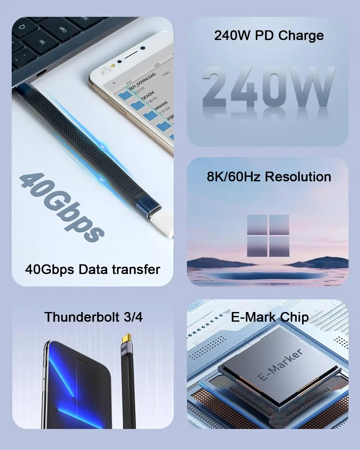 10 قطع كابل تمديد USB C قصير 5 بوصة، (240 وات PD شحن سريع، 40 جيجابت في الثانية، دقة 8K) لكابلات USB 4، آيفون 15/16، MacBoo