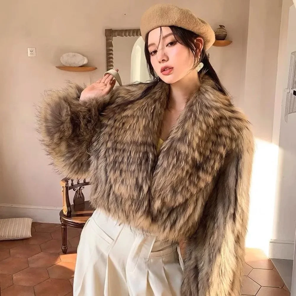 

Reality Fur Coat Women Autumn Winter Fashion Short Overcoat Real Fur Collar Knitted Outerwear Natural Raccoon Fur Jackets Fluffy