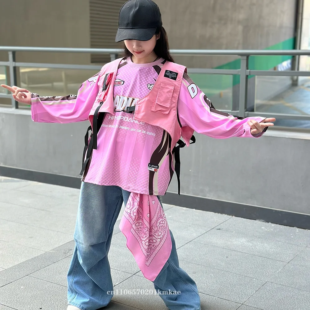 Boys Hip Hop Ripped Graffiti T-shirt Pink Vest Cargo Pants Girls K-pop Jazz Costumes Teenager Dance Clothes SetYouth Streetwear view 3