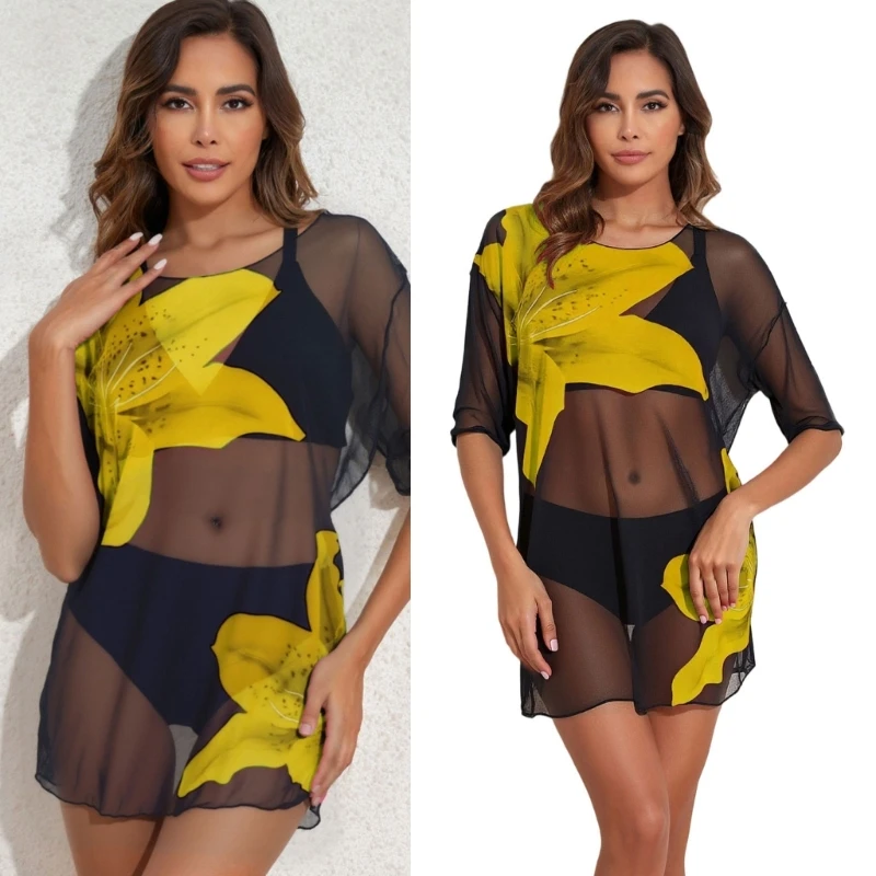 3-teiliges Damen-Schutz-Mesh-Tankini-Outfit mit trendigem Aufdruck und Sonnenschutztechnologie für Poolspaß 24BD