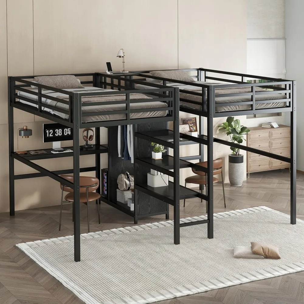 

Twin Over Twin Metal Loft Bed with Double Desk,Wardrobe and Shelves with Electrical Outlet,for Kids Teens Adults Bedroom Use