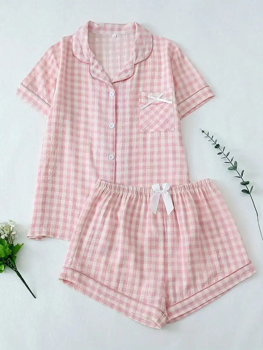 

2pcs Women Pajama Set Short Sleeve Top And Shorts Pink Plaid Casual Loose Home Wear Spring Summer