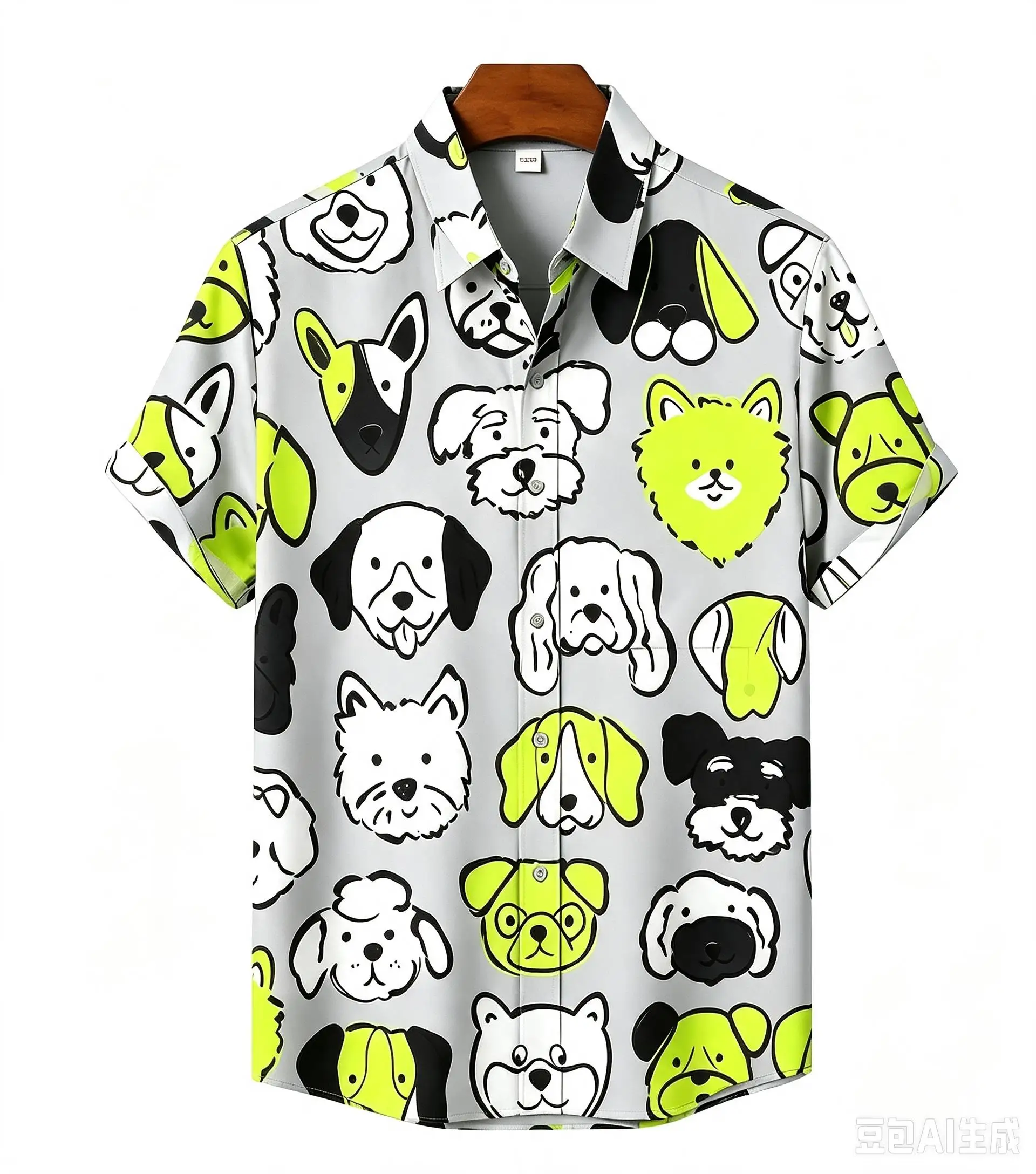 Men's Shirt Cartoon Dog Head Print Short Sleeve Turn Down Collar Loose Summer Vacation Casual Tops Mens Clothing