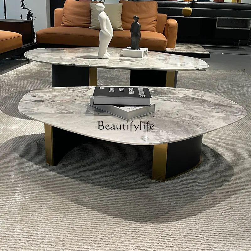 Grande table basse en marbre naturel de forme spéciale, meuble de villa de luxe, sol plat, gris, minimaliste