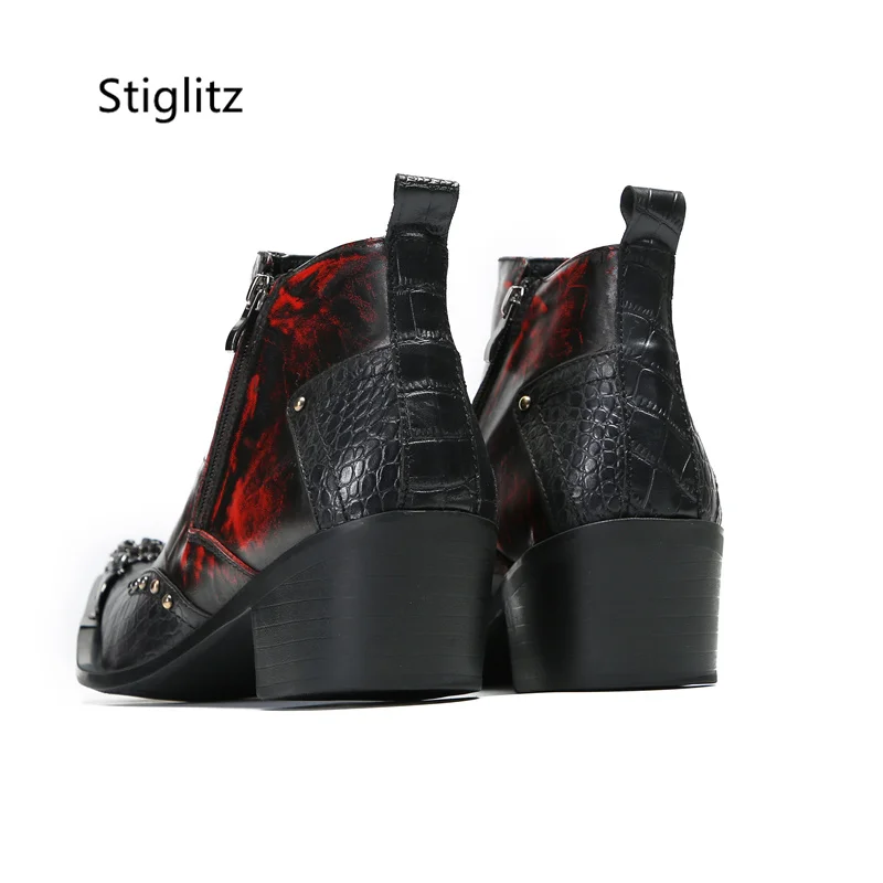Red Black Patchwork Men's Ankle Boots Metal Toe Zip High Heels Genuine Leather Boots for Men Stylish Rivet Short Autumn Boots