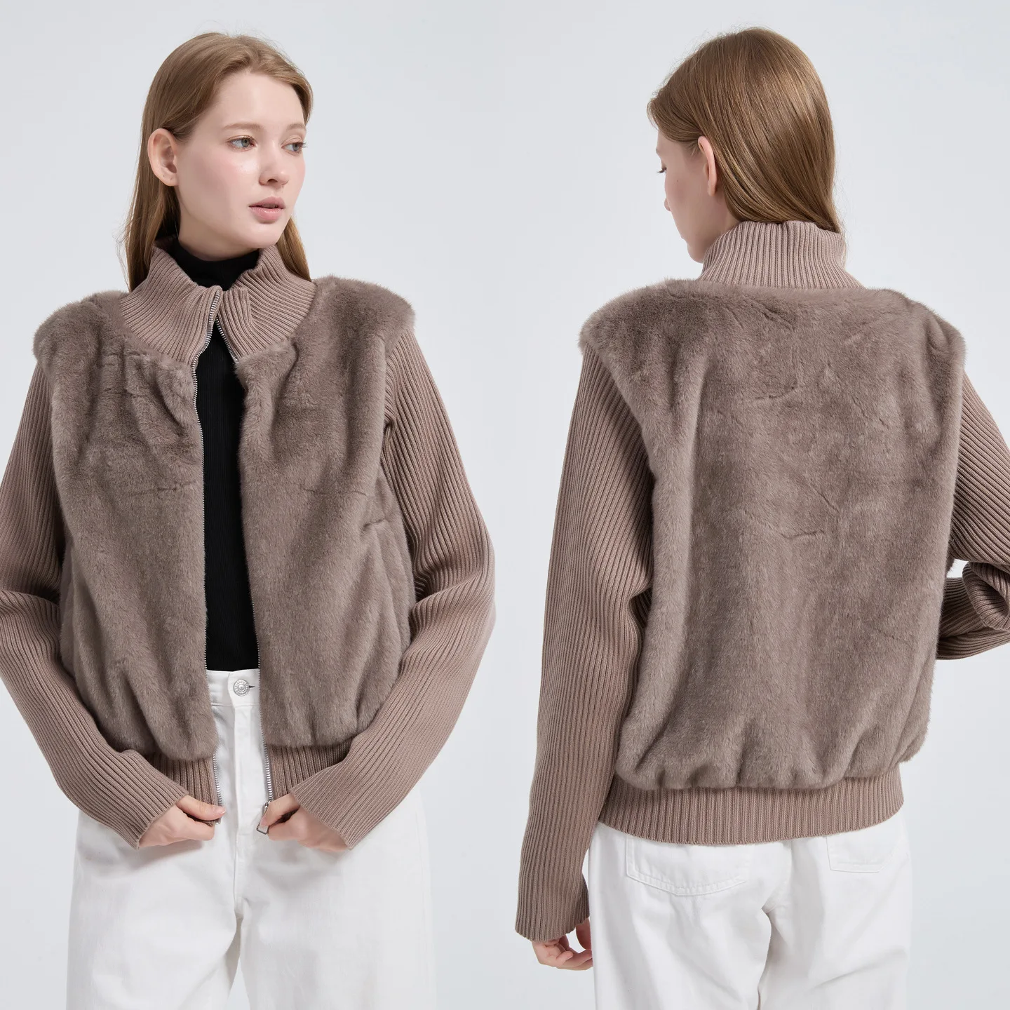Women Parkas Autumn Winter Imitation Fur Luxury Jacket Stand Collar Zipper Spliced Knitted Sleeve Cotton Coat Female Outerwear