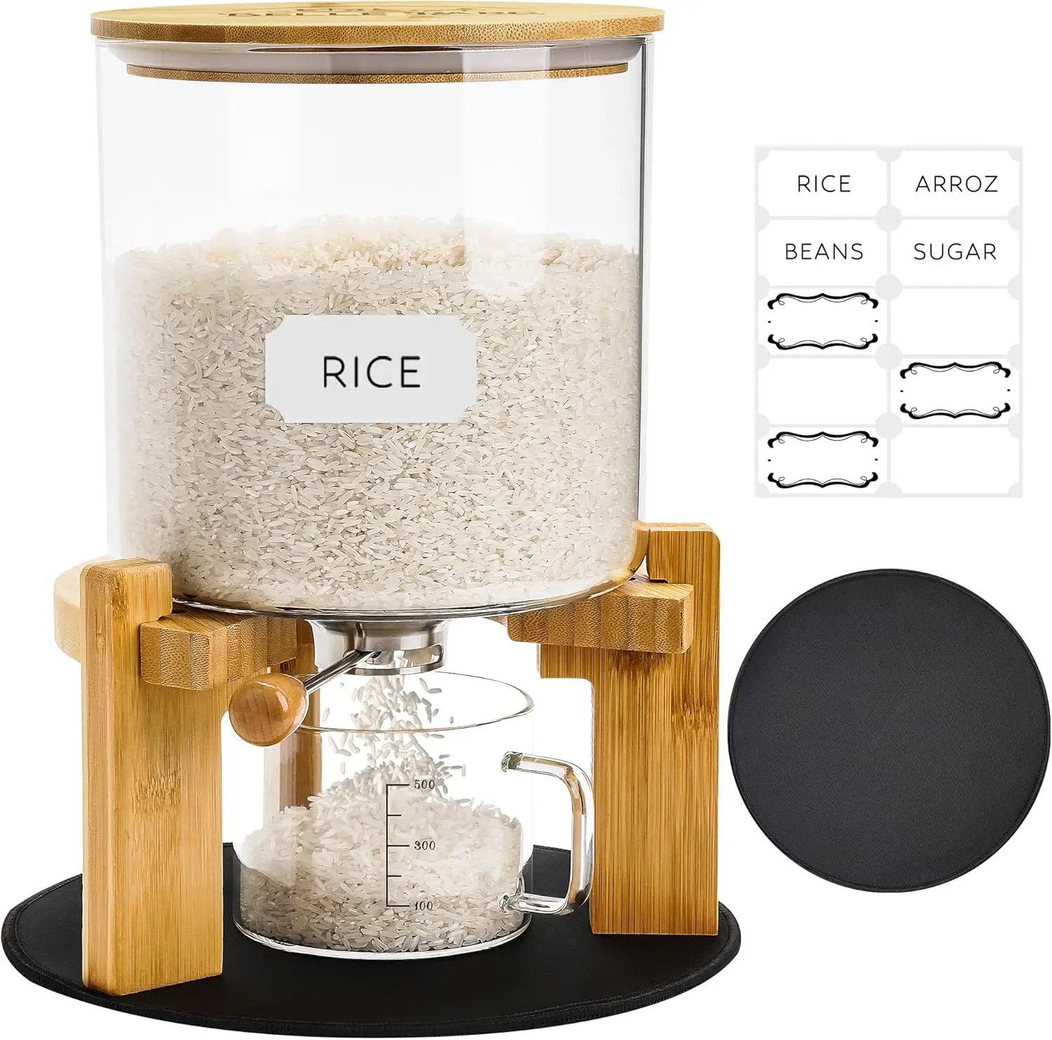 

Glass Rice Dispenser 10 lbs, with Airtight Lid & Labels & Slider mat. Make your glass rice container Glass AND Bamboo rice