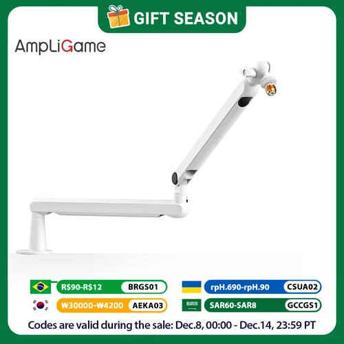 FIFINE Brazo de brazo de micrófono, brazo de micrófono ajustable de perfil bajo con abrazadera de montaje en escritorio, almacenamiento de cables para juegos en streaming-Blanco BM88W