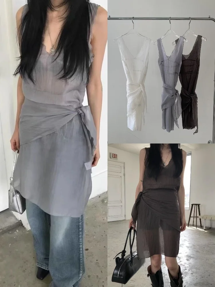 Vestido de Verão Estilo Casual com Ombros à Mostra e Lenço Triangular Design de Camadas com Borda em Madeira Alta Cintura Ves...