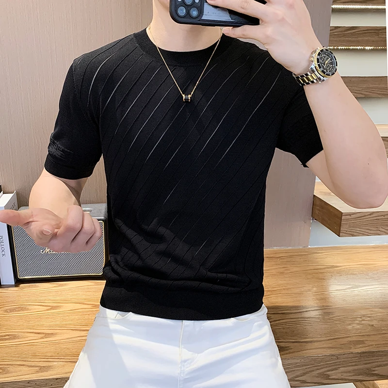 High Quality Ice Striped Knitted T-shirts Men Slim Fit Short Sleeve Round Neck Casual T-shirt Elastic Business Social Tee M-4XL