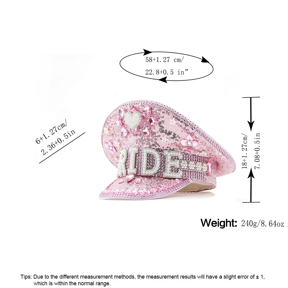 Fashion Women Pink Bride Captain Hat Military Cap Sergeant Bridal Hat Hen Do Hat Festival Birthday Part Hat Luxury Rhinestone