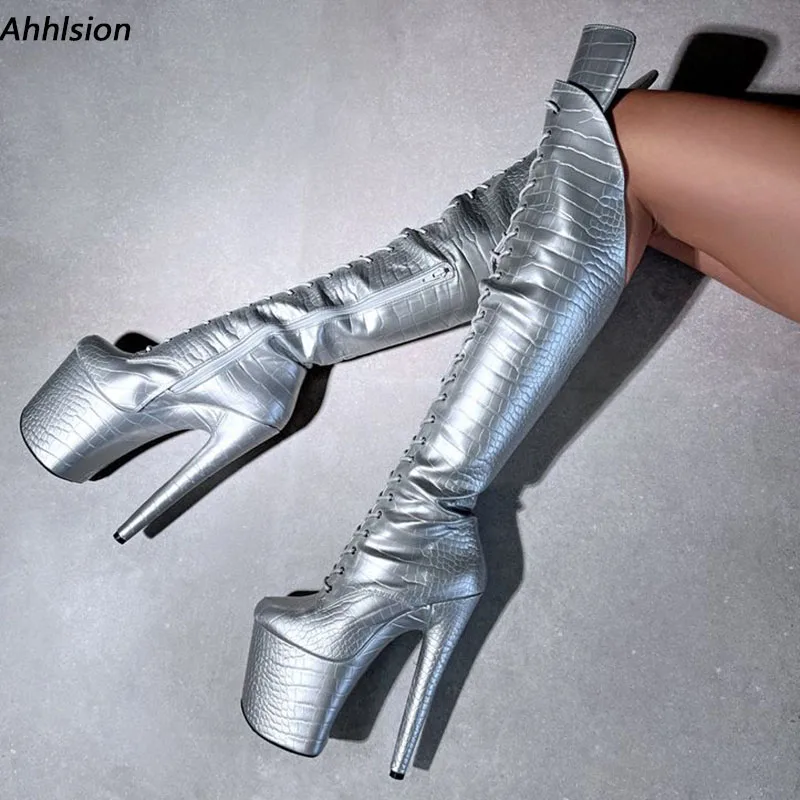 

Ahhlsion Hot Women Winter Knee Boots Stiletto High Heels Round Toe Beautiful Silver Club Shoes Ladies US Plus Size 6-12