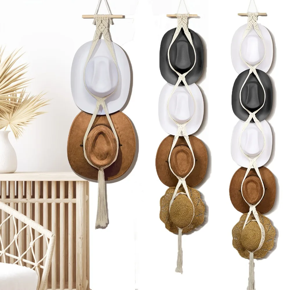 Bohemian Macrame Hat Hanger Hand-Woven Wall Mount Storage Rack for Cowboy Hats Fedoras and Wide-Brimmed Sun Hats for Home Decor