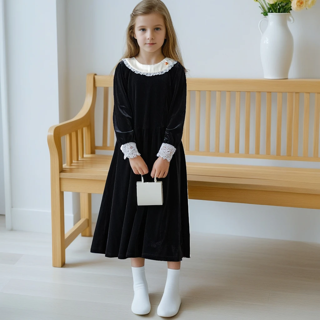 

Teens Girls Velvet Dress Autumn Winter Black Elegant Lace Collar Holiday Party Long Dresses Loose Fit French Chic Gown for Kids