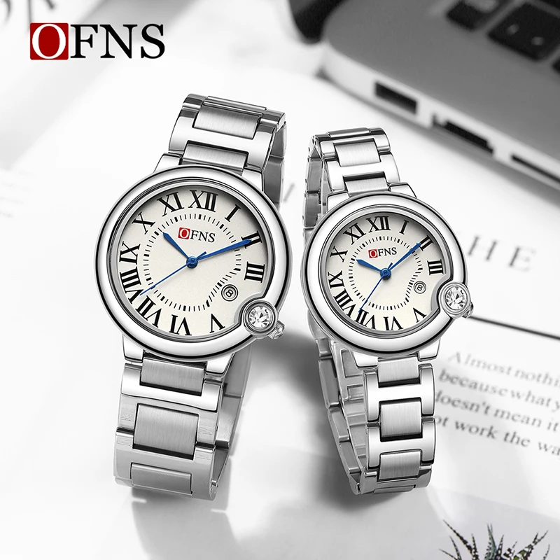 OFNS Fashion Simple Roman Scale Couple Quartz Watch Steel Band Leather Waterproof Luxury Business Men And Women Couple Watch