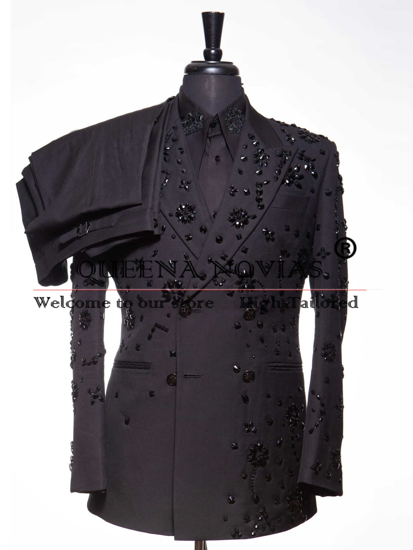 

Customized Diamond Beaded Suits Men Slim Fit Double Breasted Prom Blazers Formal Man Banquet Prom Blazers 2 Pieces Groom Tuxedos