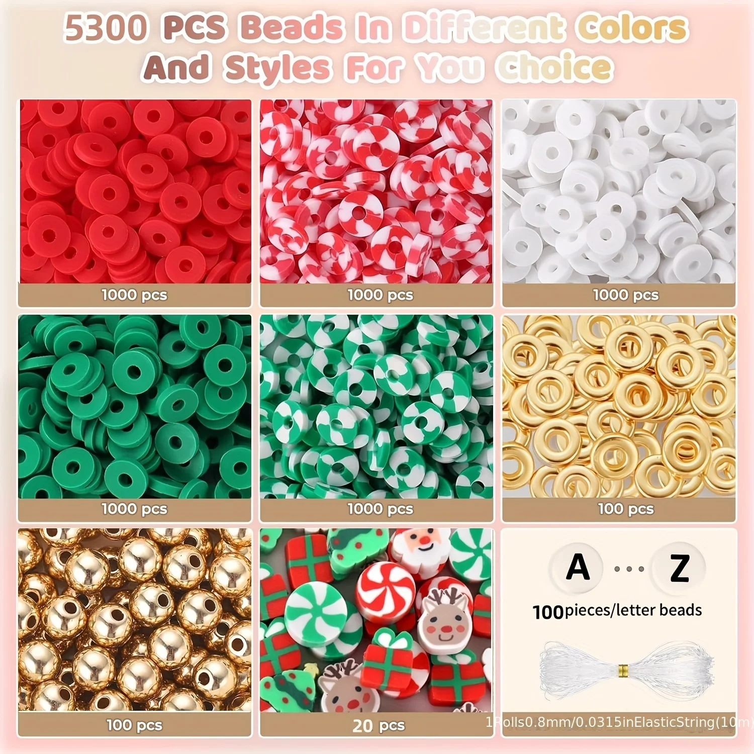 Christmas Polymer Clay Bead Kit - Flat Round & Alphabet Spacer Beads for DIY Jewelry Making, Includes Elastic Cord